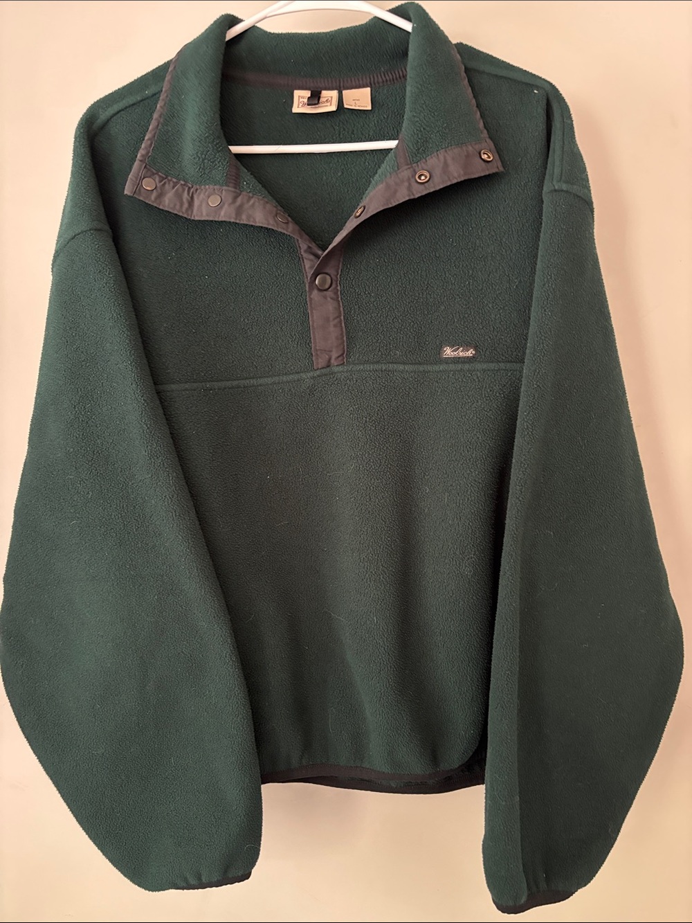 Woolrich Vintage Polartec Snap Button   Green Fleece Pullover Blue Trim Sz Large